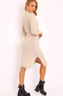 Rebellious Fashion Beige Tie Waist High Neck Midi Jumper Dress - Ennie
