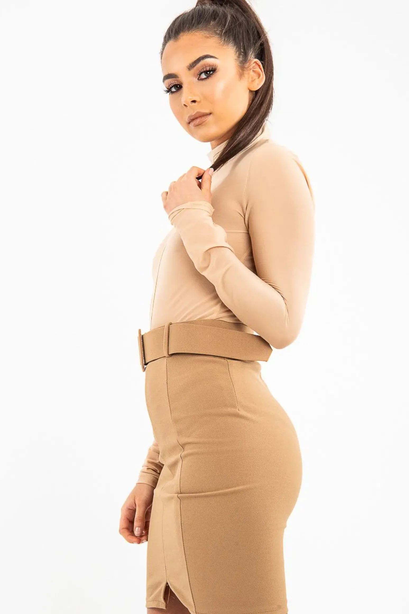 Rebellious Fashion Beige Turtle Neck All Over Mesh Bodysuit - Makeila