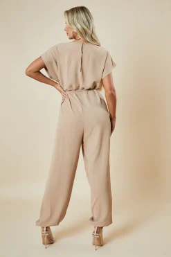 Rebellious Fashion Beige V-Neck Oversized Tie Detail Jumpsuit - Sammie
