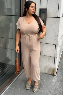 Rebellious Fashion Beige V-Neck Oversized Tie Detail Jumpsuit - Sammie