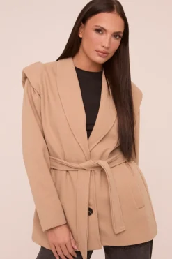 Rebellious Fashion Beige Wool Look Shoulder Pads Tie Front Long Sleeves Jacket - Gemma