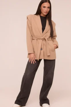 Rebellious Fashion Beige Wool Look Shoulder Pads Tie Front Long Sleeves Jacket - Gemma