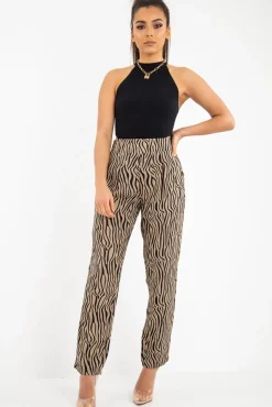 Rebellious Fashion Beige Zebra Print Wide Leg Trousers - Gisella