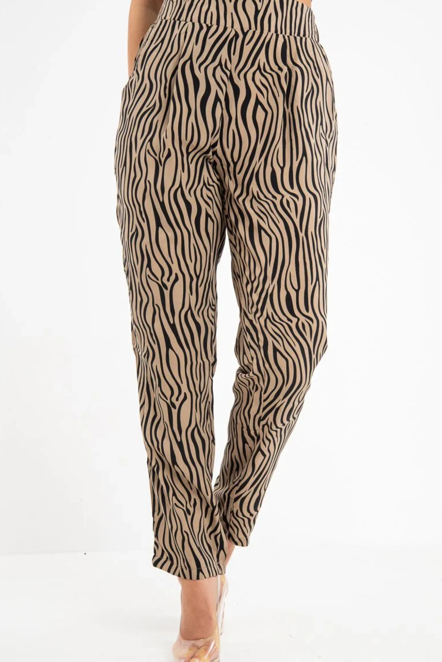 Rebellious Fashion Beige Zebra Print Wide Leg Trousers - Gisella