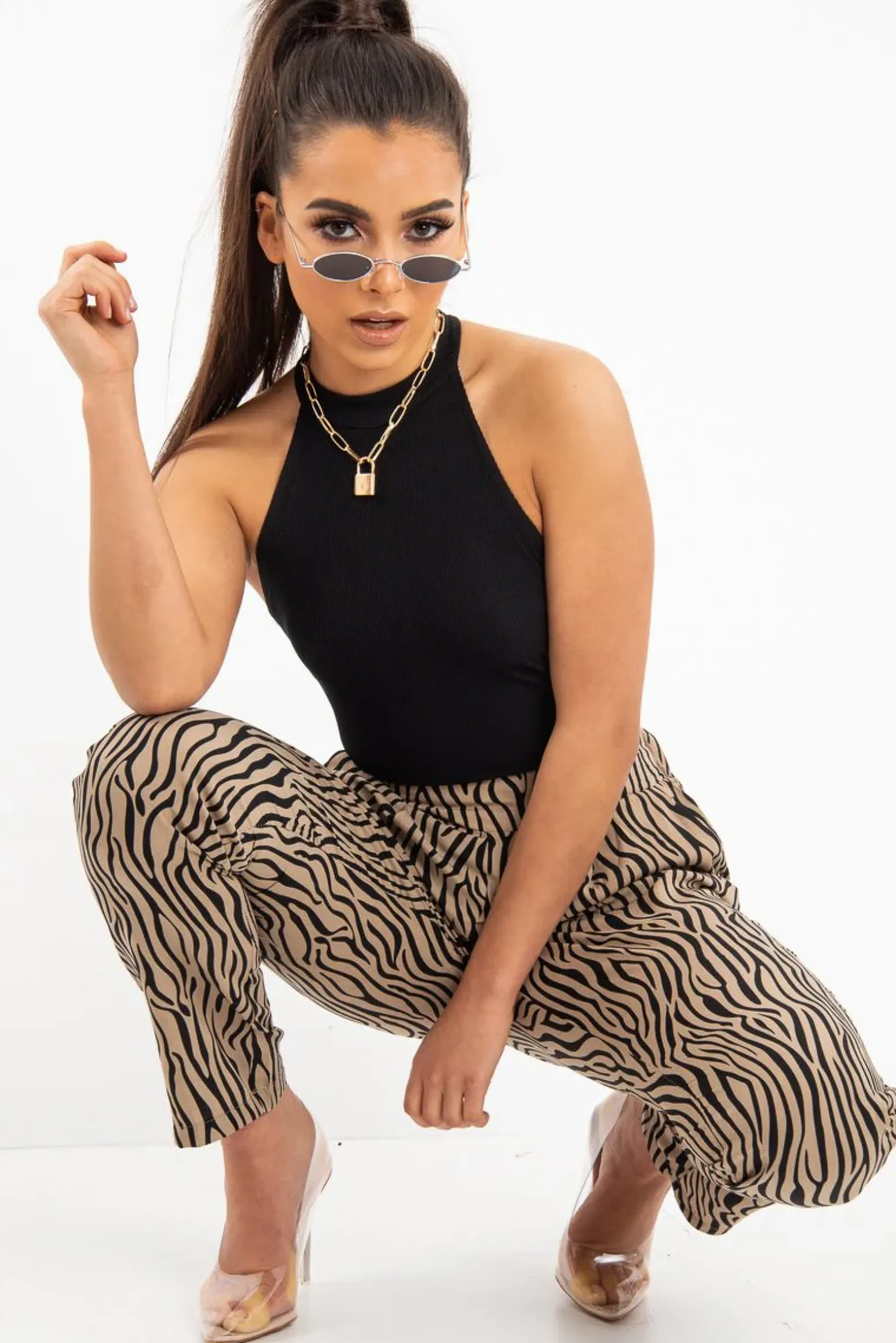 Rebellious Fashion Beige Zebra Print Wide Leg Trousers - Gisella