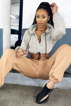 Rebellious Fashion Beige 3/4 Zip Cropped Teddy Jumper - Ethelyn