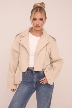 Rebellious Fashion Beige Zip Detail Brushed Biker Jacket - Alisha