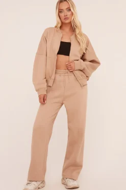 Rebellious Fashion Beige Zip Front Bomber And Joggers Co-ord Set - Sasha