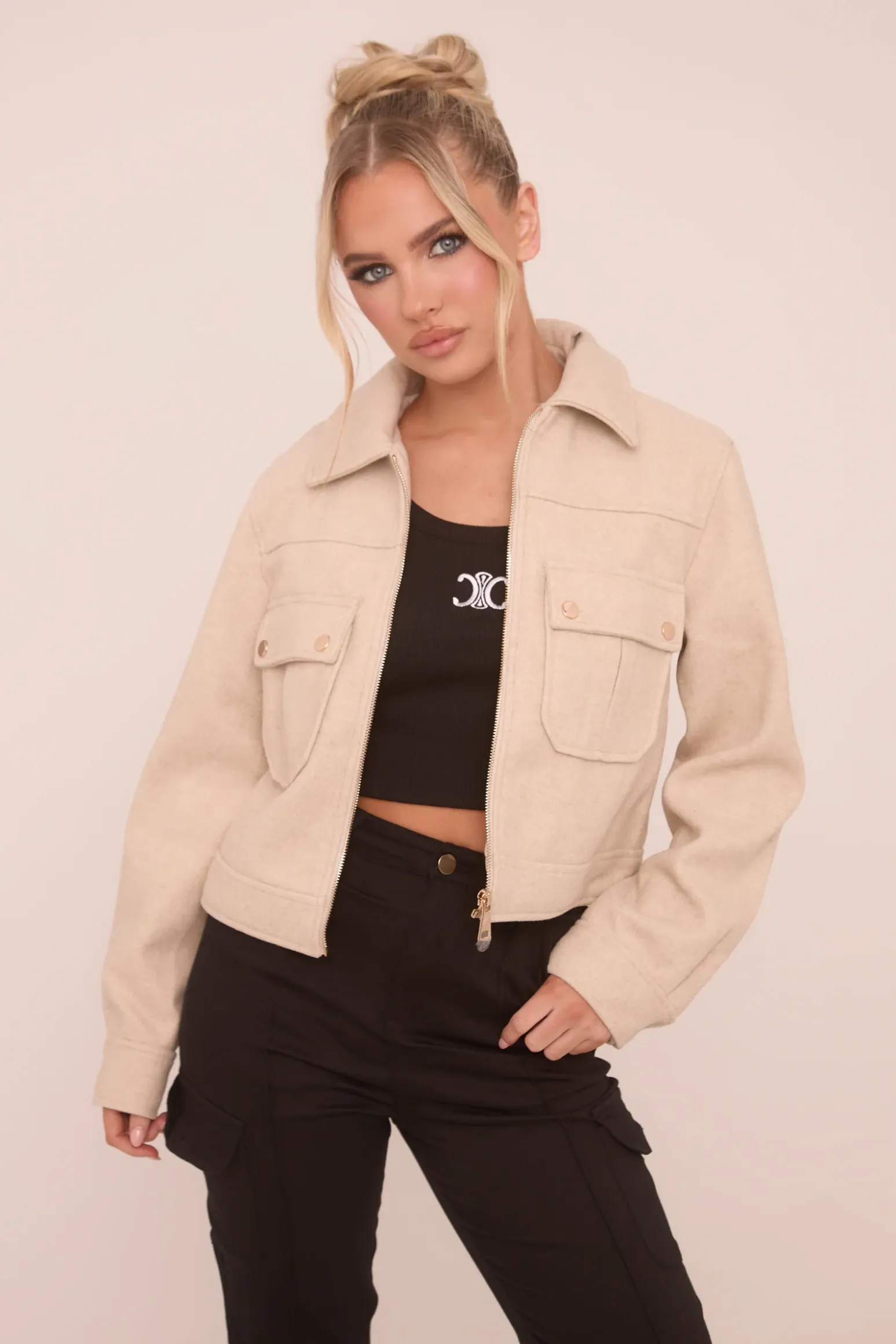 Rebellious Fashion Beige Zip Front Cropped Jacket - Carol