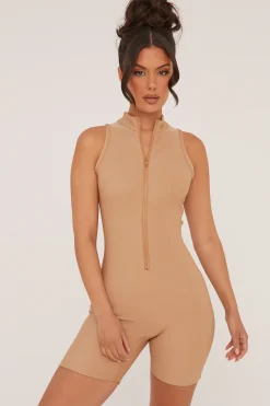Rebellious Fashion Beige Zip Front Rib Knit Unitard - Nena