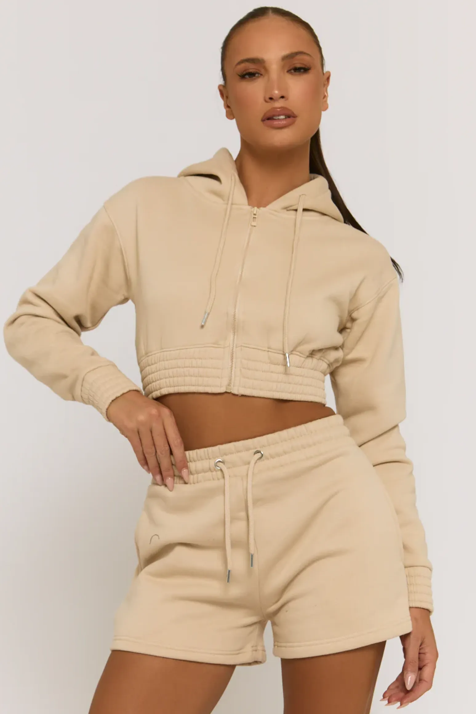 Rebellious Fashion Beige Zip Through Hoodie and Short Lounge Set - Frances