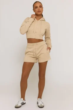 Rebellious Fashion Beige Zip Through Hoodie and Short Lounge Set - Frances