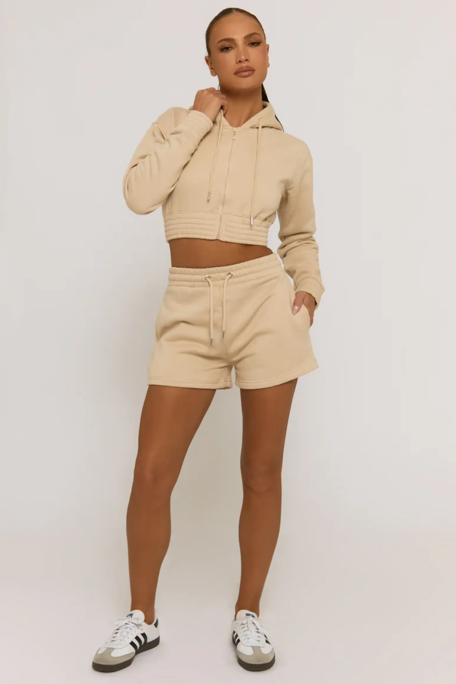 Rebellious Fashion Beige Zip Through Hoodie and Short Lounge Set - Frances