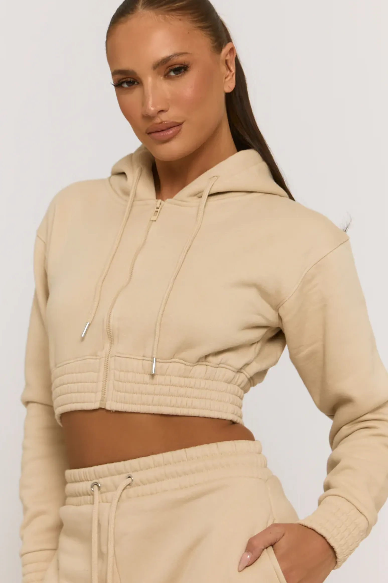 Rebellious Fashion Beige Zip Through Hoodie and Short Lounge Set - Frances