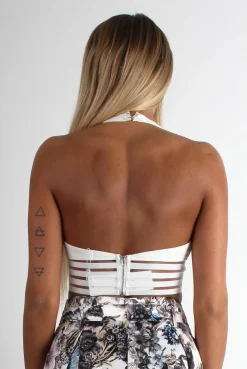 Rebellious Fashion Bisma White Mesh Striped Halter Neck Crop Top