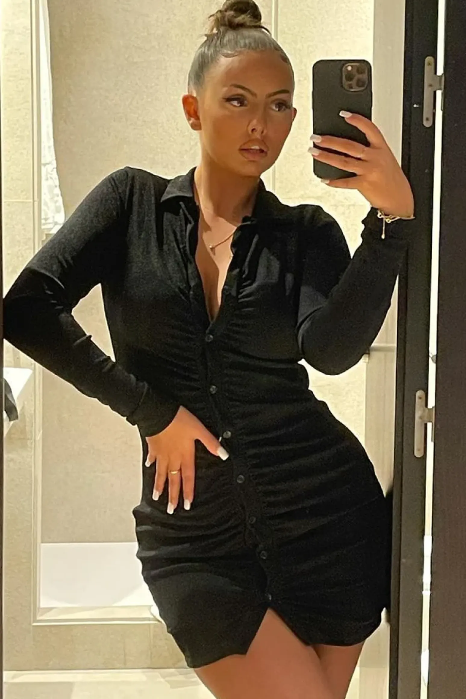 Rebellious Fashion Black Acetate Slinky Gathered Front Shirt Dress - Gia