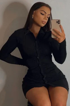 Rebellious Fashion Black Acetate Slinky Gathered Front Shirt Dress - Gia