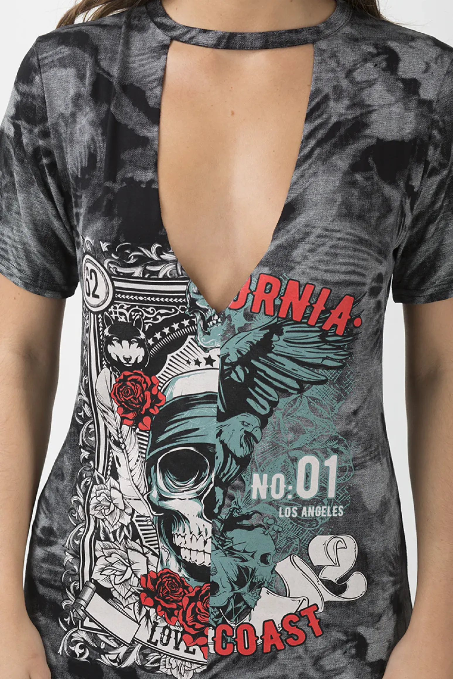 Rebellious Fashion Black Acid Wash Cut Out Graphic Print T-Shirt Dress - Savannah