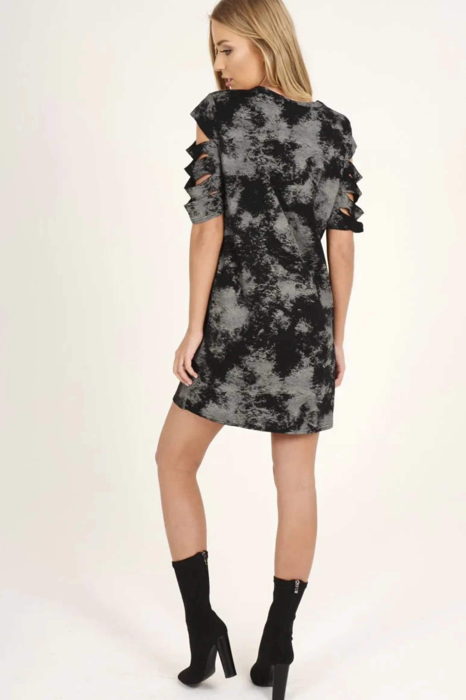 Rebellious Fashion Black Acid Wash Distressed T-Shirt Dress - Sonja