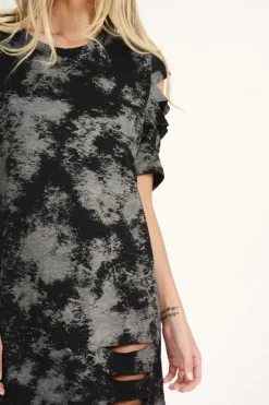 Rebellious Fashion Black Acid Wash Distressed T-Shirt Dress - Sonja