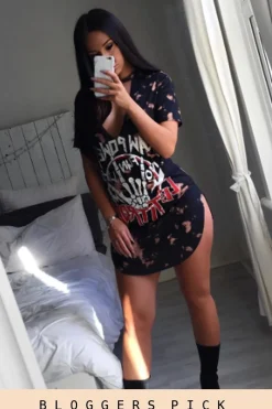 Rebellious Fashion Black Acid Wash 'Raw Power' Print Cut Out Choker T-Shirt Dress - Paige