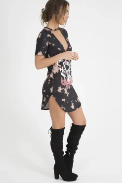 Rebellious Fashion Black Acid Wash 'Raw Power' Print Cut Out Choker T-Shirt Dress - Paige