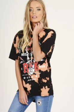 Rebellious Fashion Black Acid Wash World Tour Slogan T-shirt Dress - Adel
