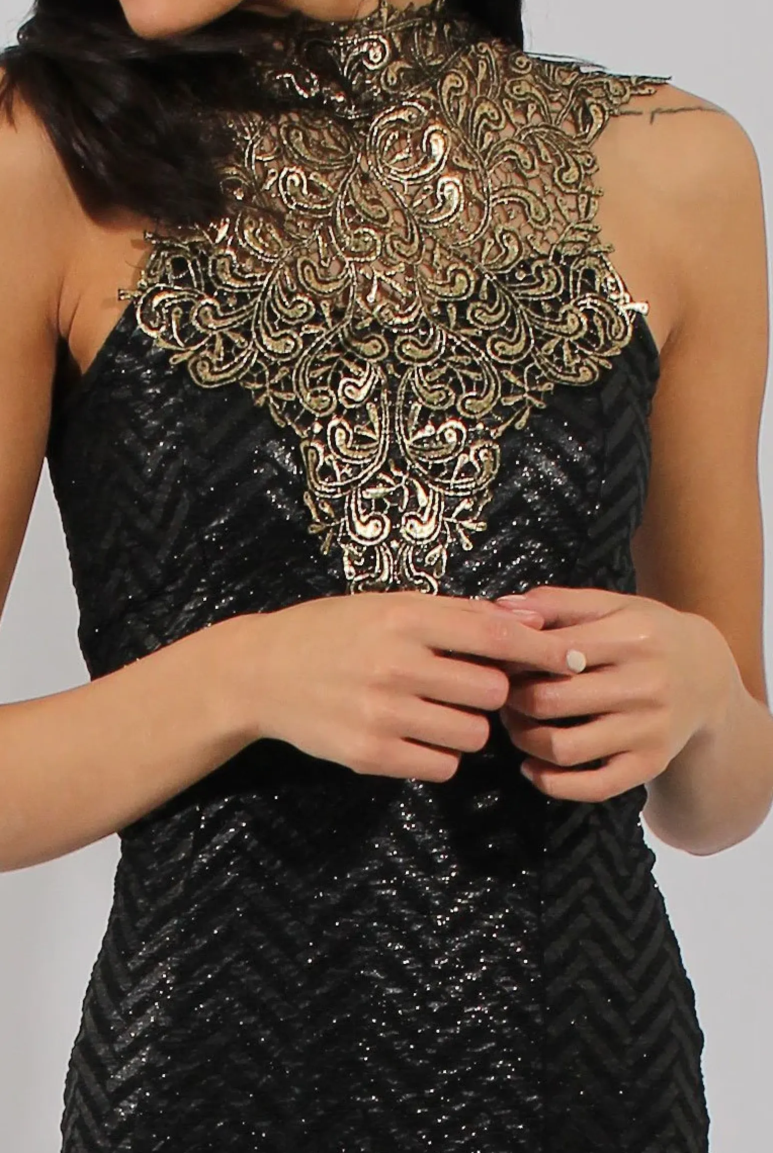 Rebellious Fashion Black & Gold Embroidered Midi Dress - Freja