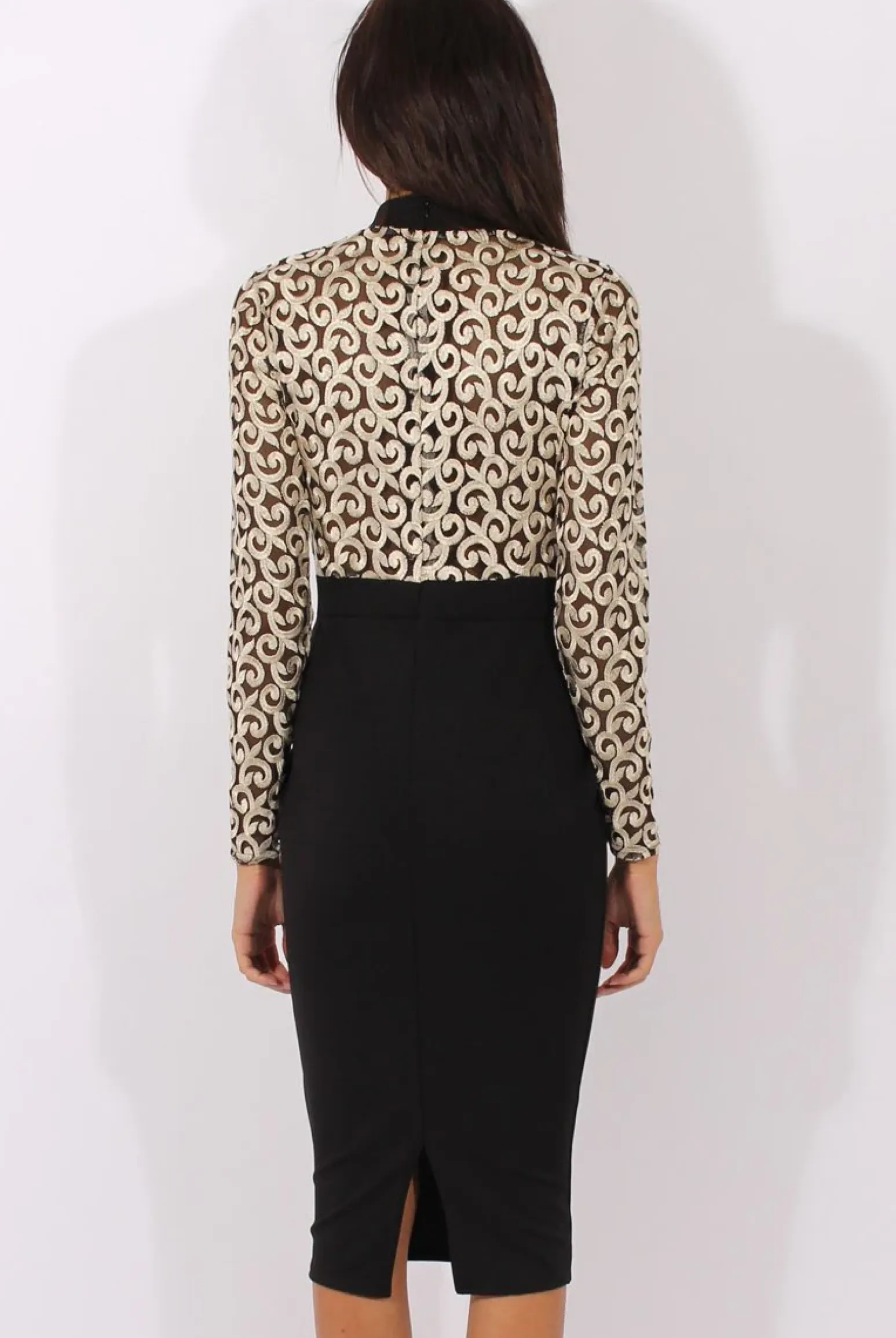 Rebellious Fashion Black & Gold Mesh Top Embroidered Midi Dress - Louiza