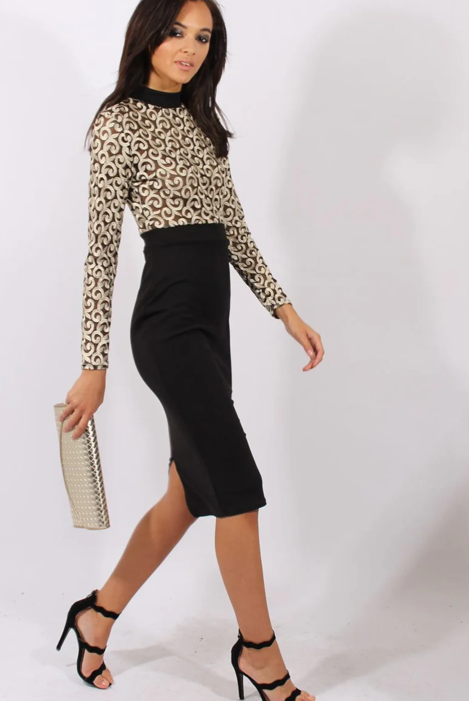 Rebellious Fashion Black & Gold Mesh Top Embroidered Midi Dress - Louiza