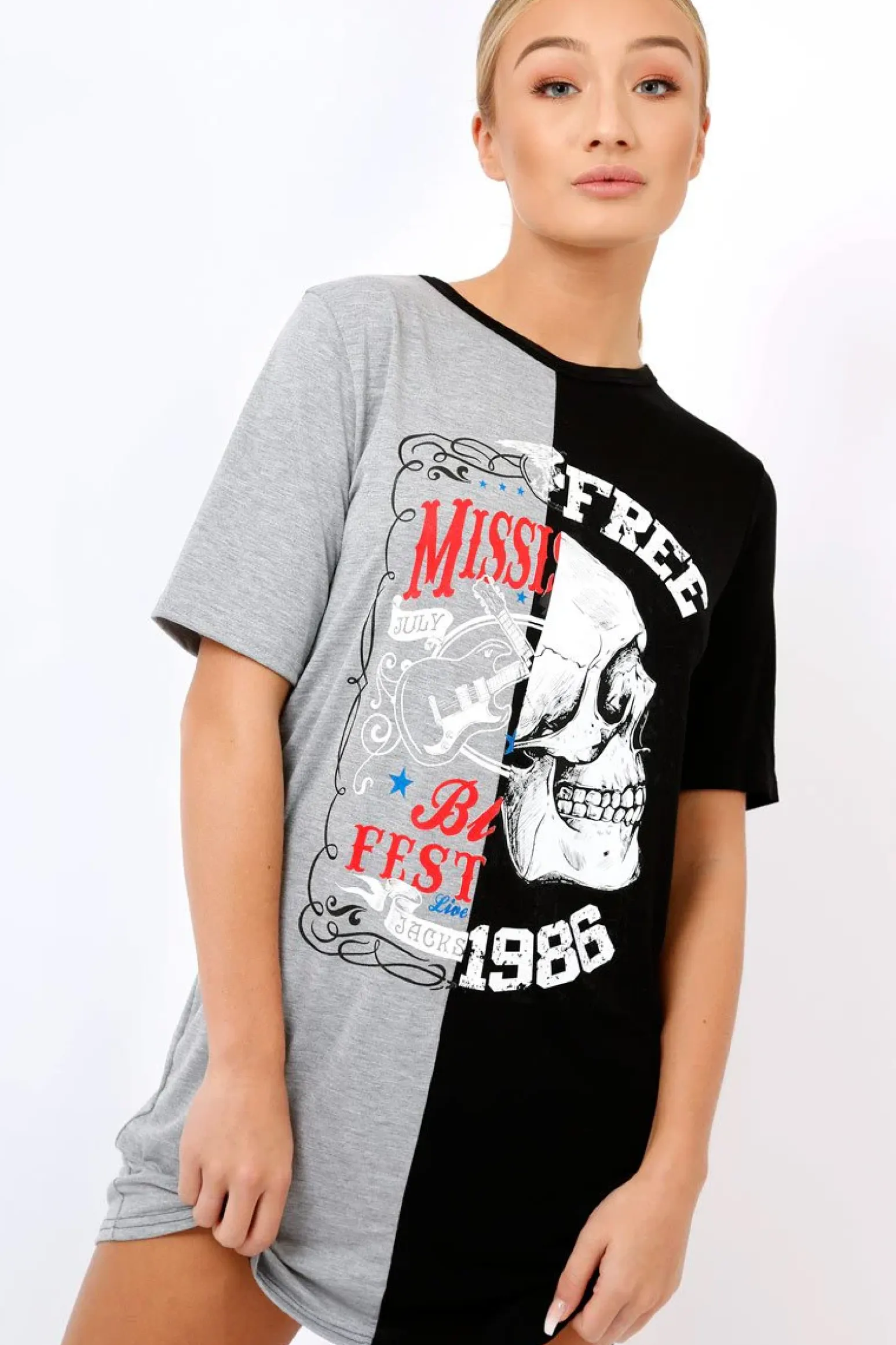 Rebellious Fashion Black & Grey Skull T-shirt Dress - Christa