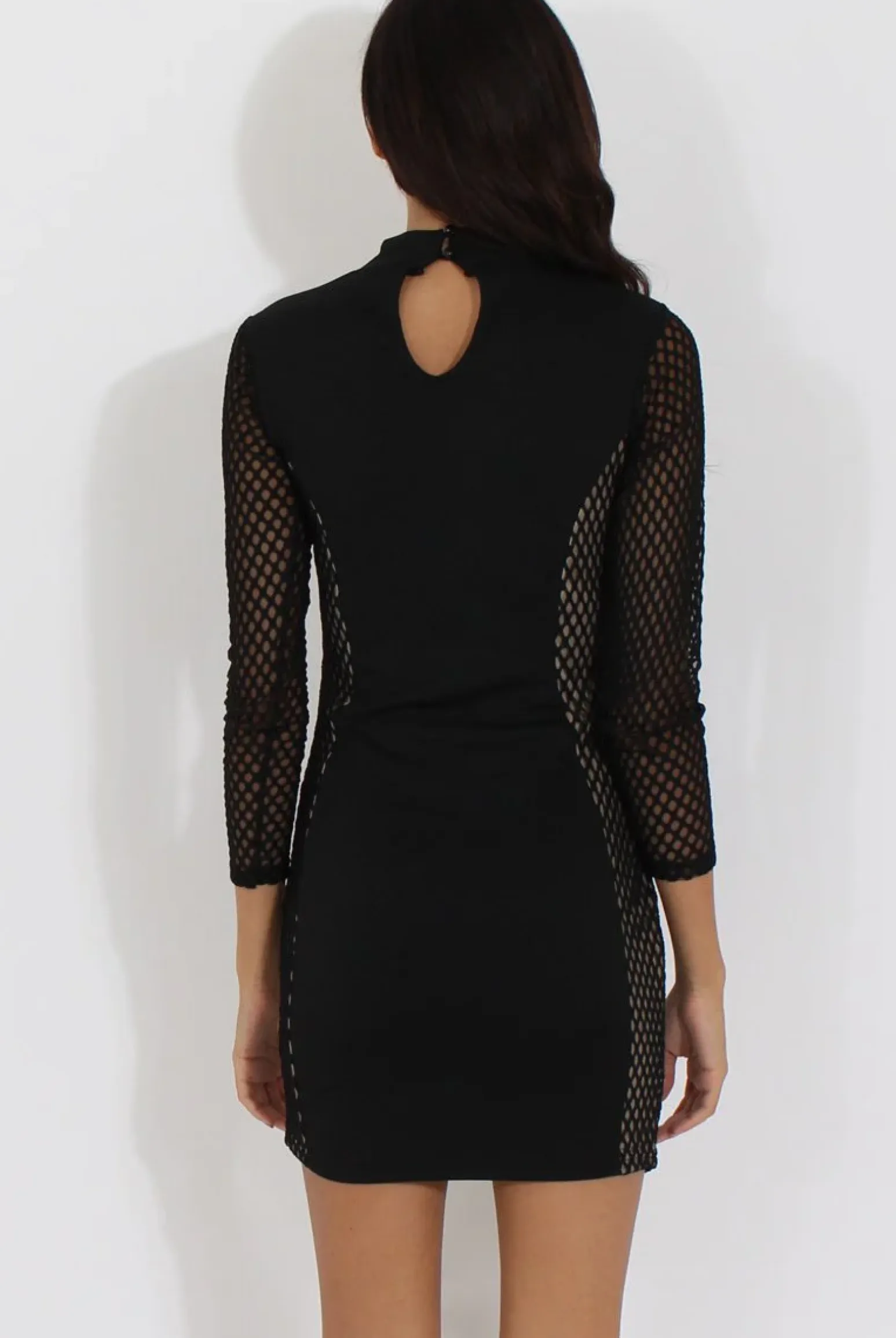 Rebellious Fashion Black & Nude Mesh Detail Cut Out Bodycon Dress - Derry