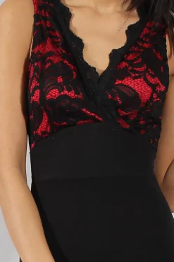 Rebellious Fashion Black & Red Floral Lace Plunge Neck Dress - Talia
