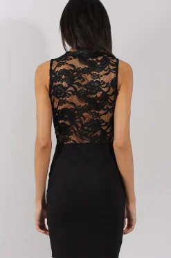 Rebellious Fashion Black & Red Floral Lace Plunge Neck Dress - Talia