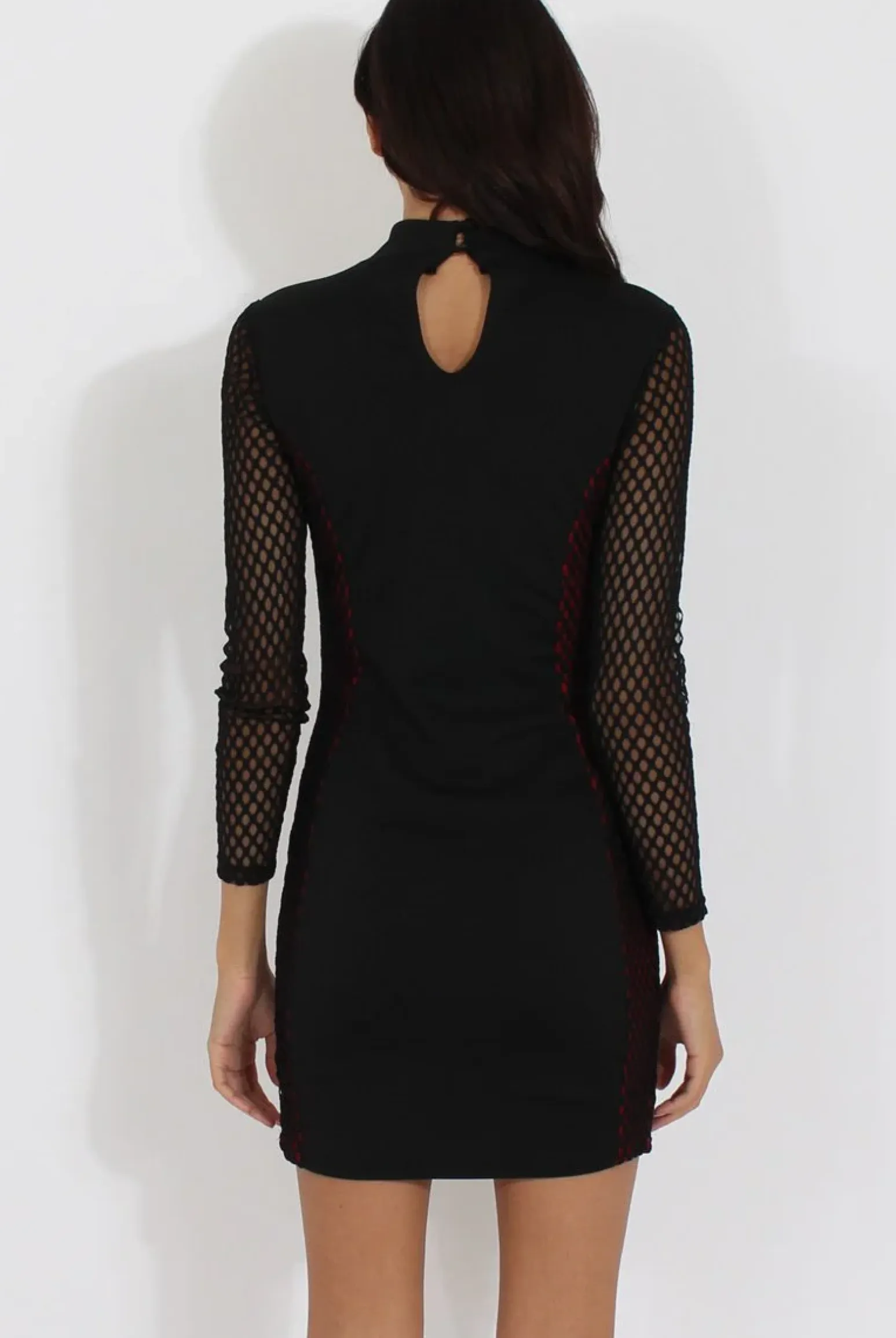 Rebellious Fashion Black & Red Mesh Detail Cut Out Bodycon Dress - Derry