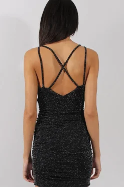Rebellious Fashion Black & Silver Ruched Side Dress - Kaity