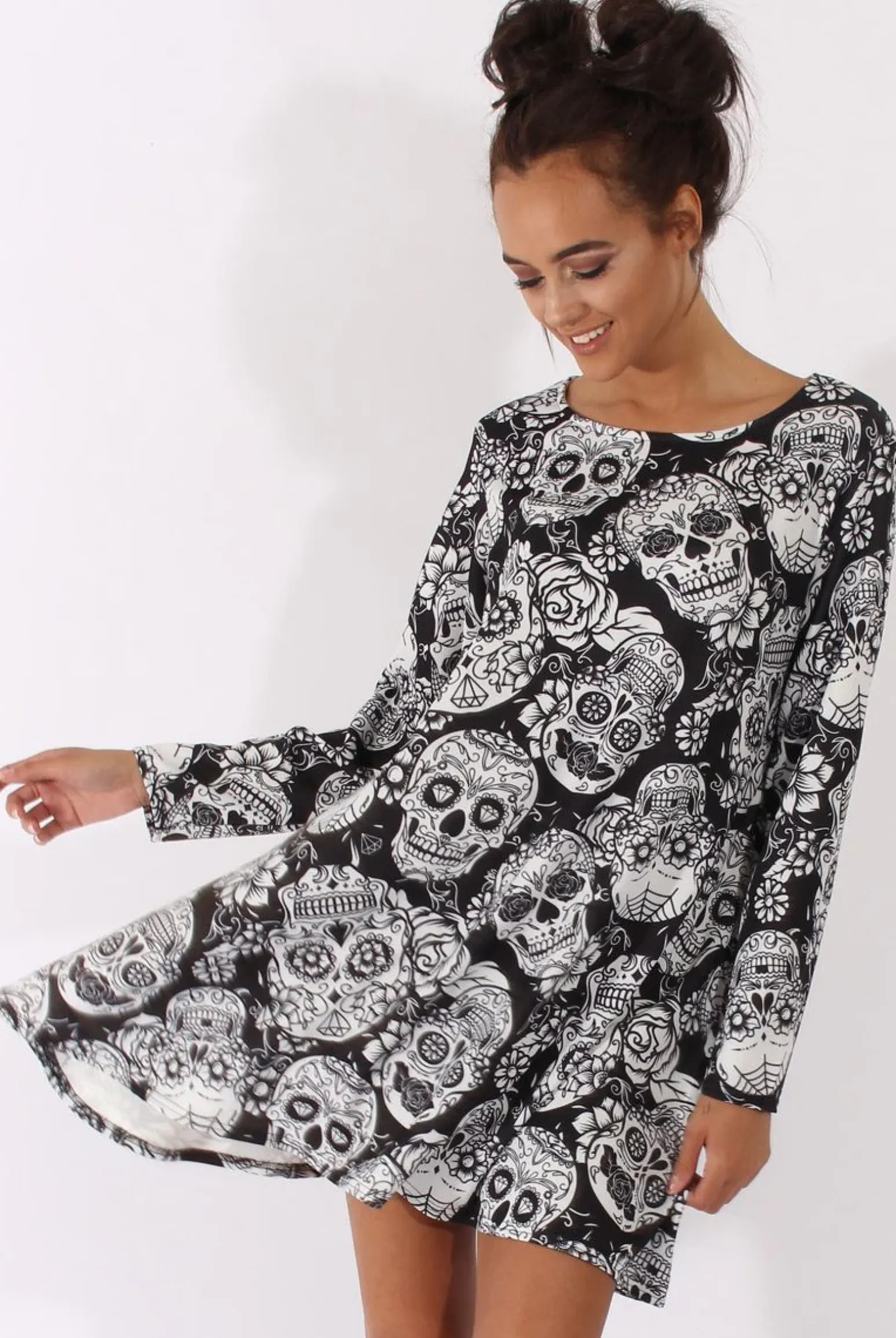 Rebellious Fashion Black & White Halloween Sugar Skull Swing Dress - Calavera