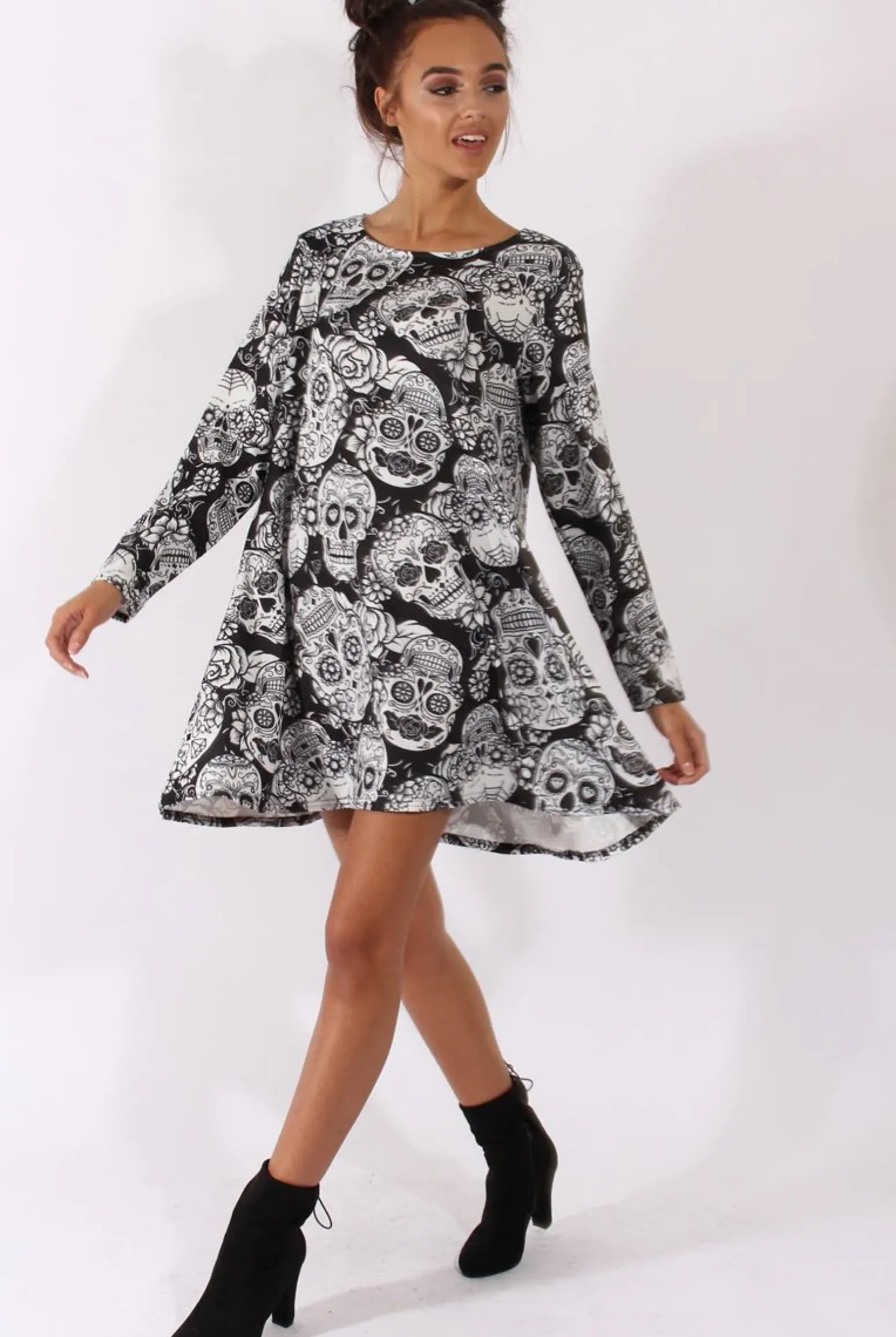 Rebellious Fashion Black & White Halloween Sugar Skull Swing Dress - Calavera