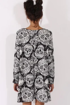 Rebellious Fashion Black & White Halloween Sugar Skull Swing Dress - Calavera