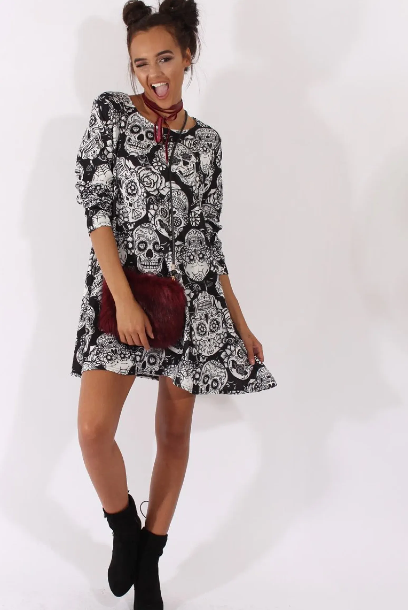 Rebellious Fashion Black & White Halloween Sugar Skull Swing Dress - Calavera