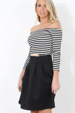 Rebellious Fashion Black & White Off The Shoulder Skater Dress - Jacqui