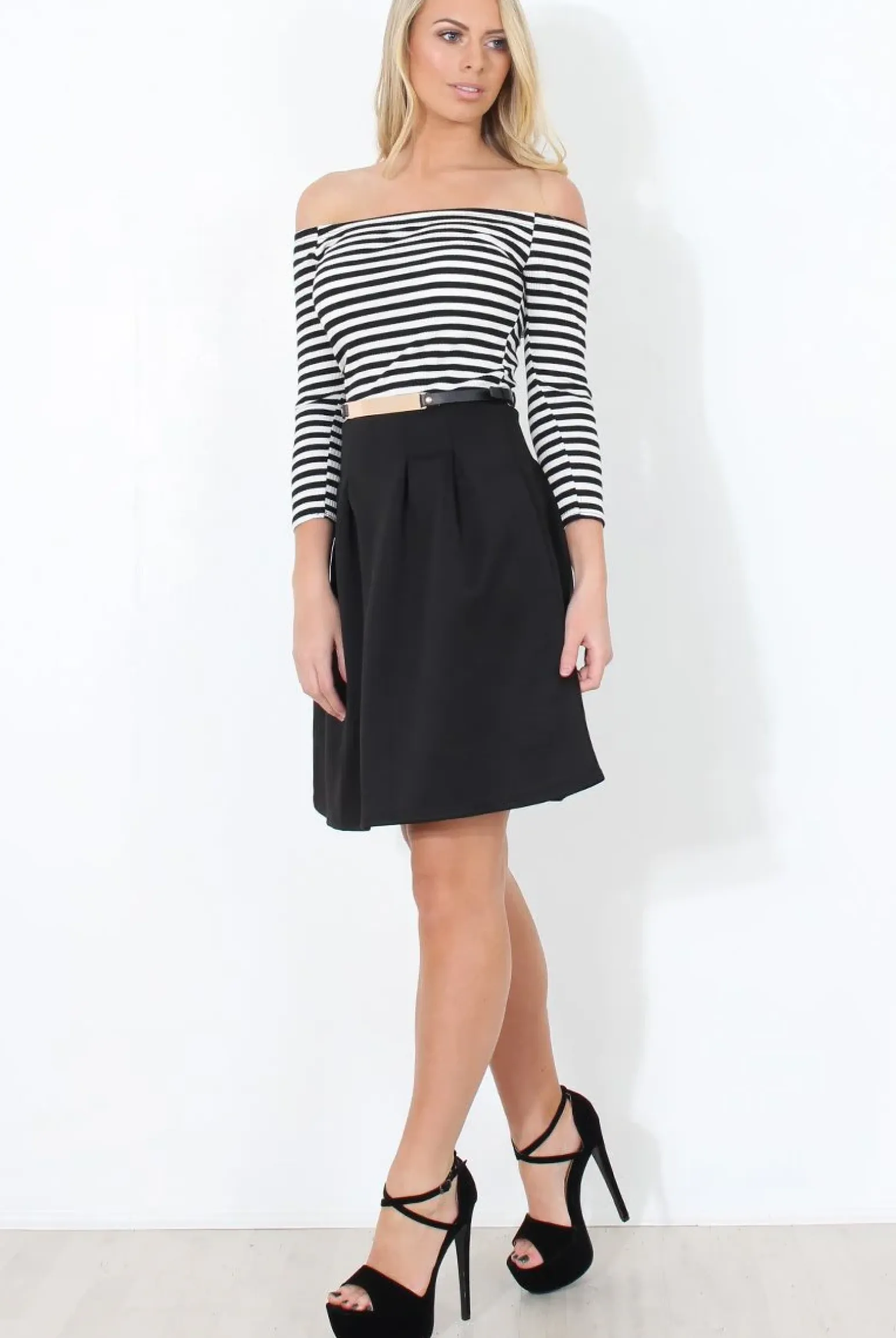Rebellious Fashion Black & White Off The Shoulder Skater Dress - Jacqui