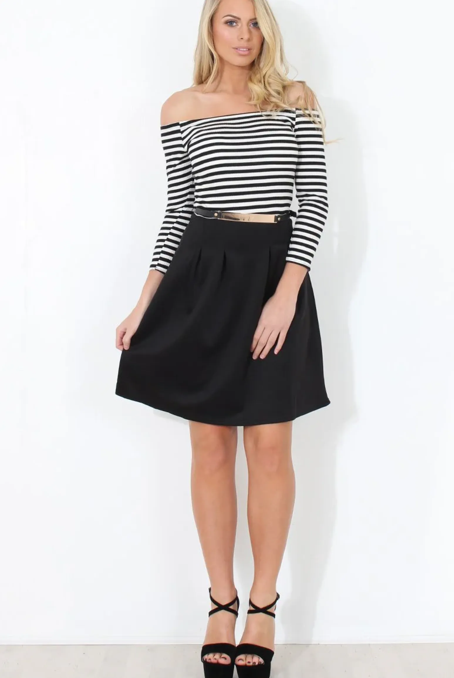 Rebellious Fashion Black & White Off The Shoulder Skater Dress - Jacqui
