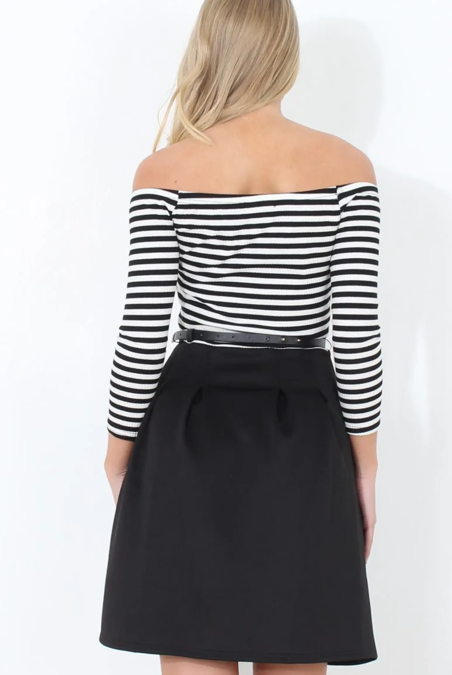Rebellious Fashion Black & White Off The Shoulder Skater Dress - Jacqui