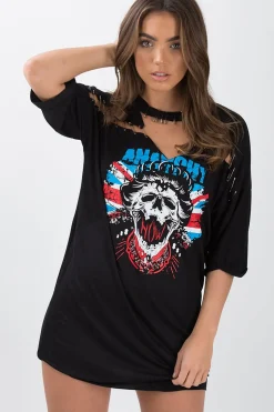 Rebellious Fashion Black Anarchy Cut Out Pin Detail T-Shirt Dress - Lollie