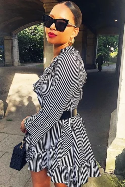 Rebellious Fashion Black and Beige Stripe One Shoulder Frill Dress - Zyann