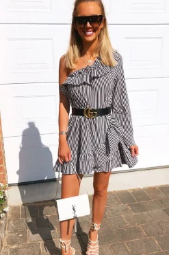Rebellious Fashion Black and Beige Stripe One Shoulder Frill Dress - Zyann