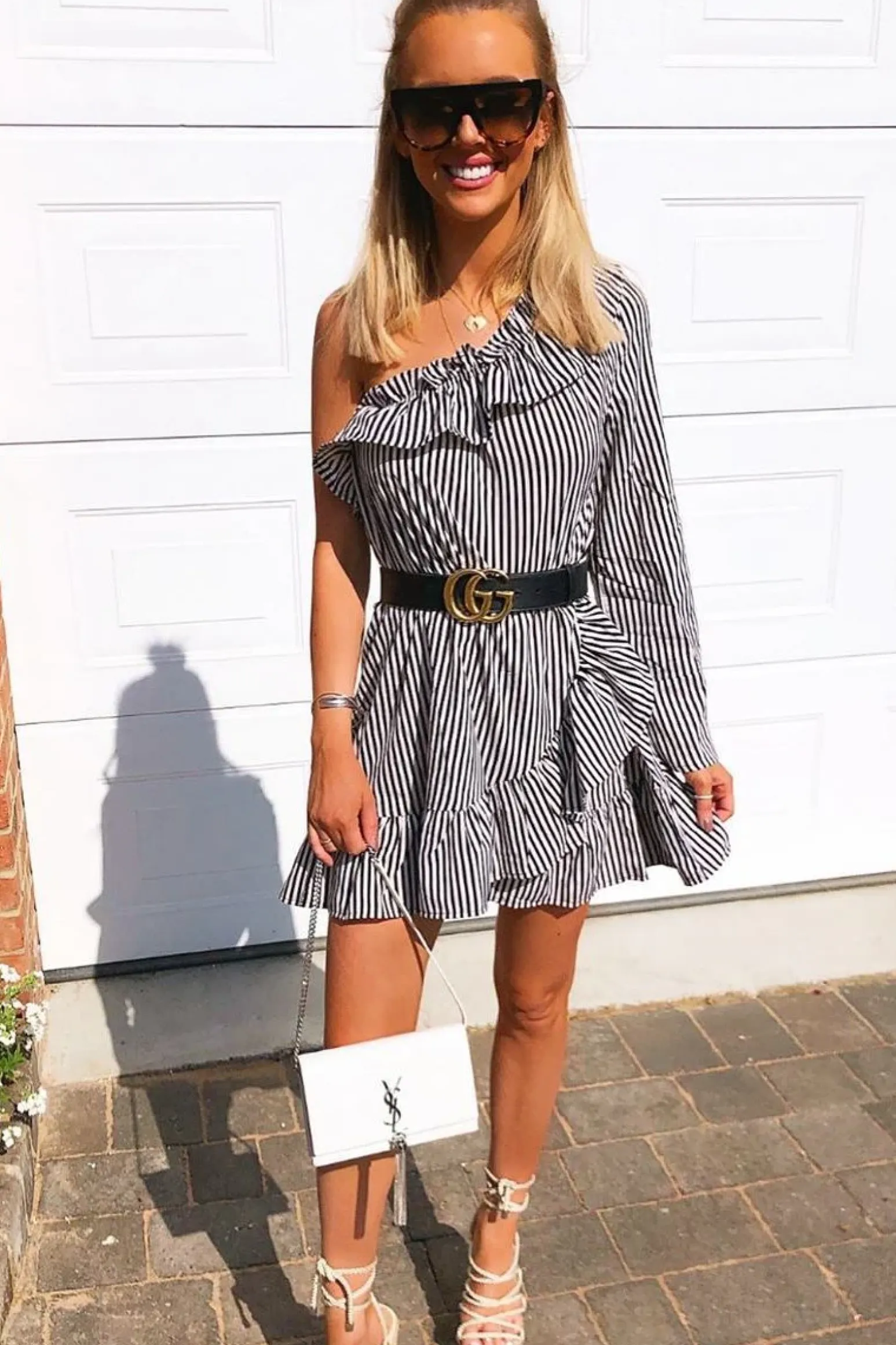 Rebellious Fashion Black and Beige Stripe One Shoulder Frill Dress - Zyann