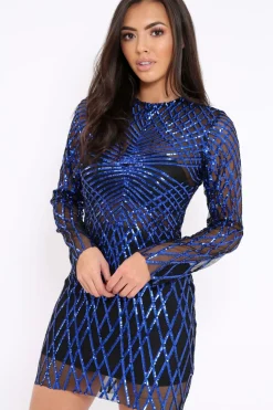 Rebellious Fashion Black and Blue Sequin Bodycon Dress - Lexy