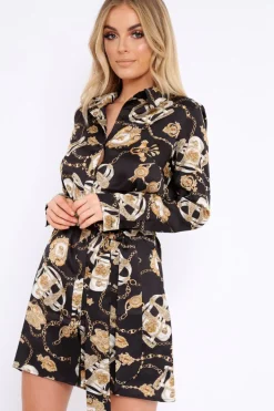 Rebellious Fashion Black and Gold Chain Print Shirt Dress - Pollyann